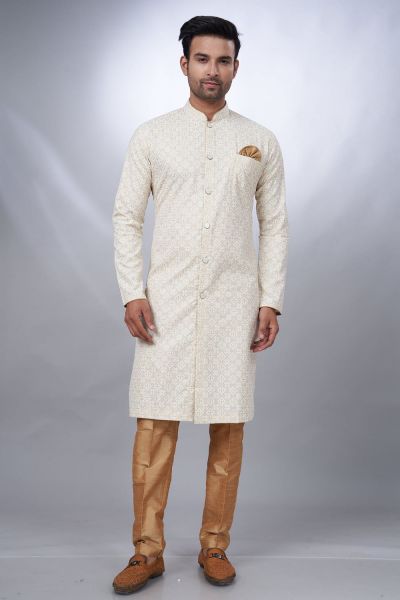 Cream Cotton Printed Mens Indo Western (NMK-6928)