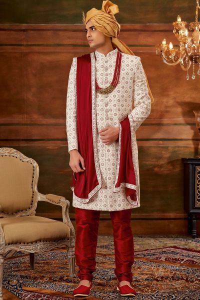 Cream Georgette Grooms Sherwani (NMK-6390)