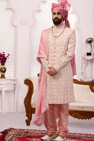 Cream Georgette Lucknowi Embroidered Sherwani (NMK-5551)