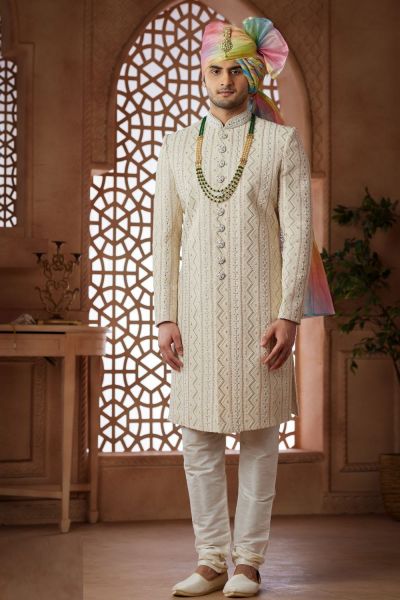 Cream Georgette Sherwani for Men (NMK-7635)