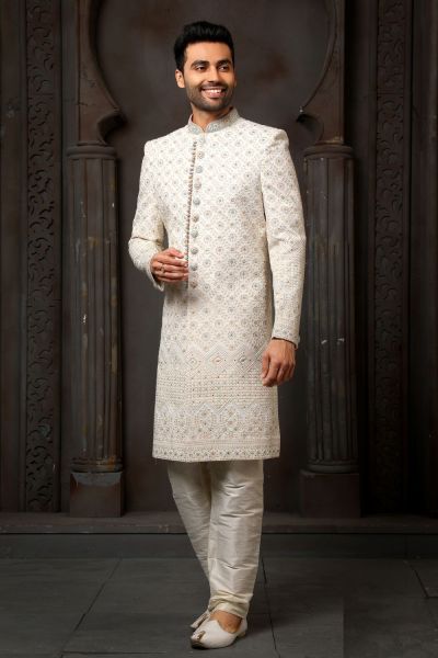 Cream Georgette Wedding Sherwani (NMK-6240)