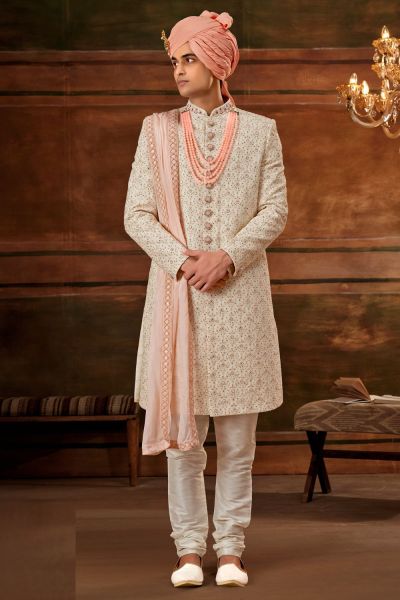 Cream Georgette Wedding Sherwani (NMK-6392)