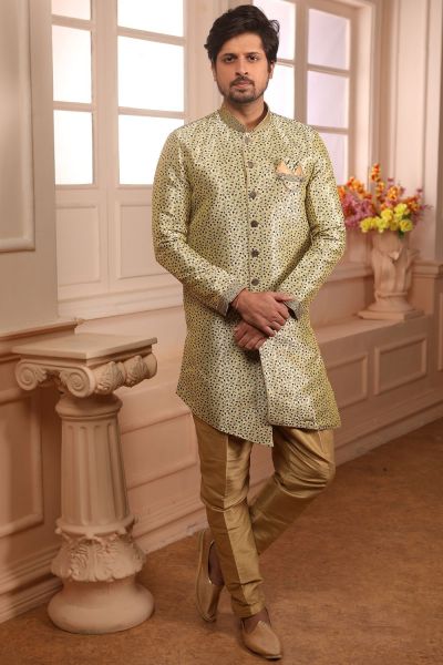 Cream, Green Jaquard Silk Brocade Indo Western (NMK-4467)