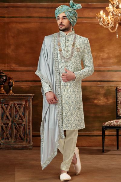 Cream, Greyish Blue Art Silk Sherwani (NMK-6402)