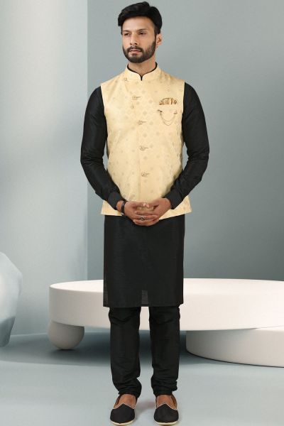 Cream Jaquard Banarasi Silk Nehru Jacket (NMK-5869)