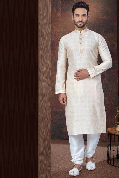 Cream Jaquard Kurta Pajama for Men (NMK-7826)