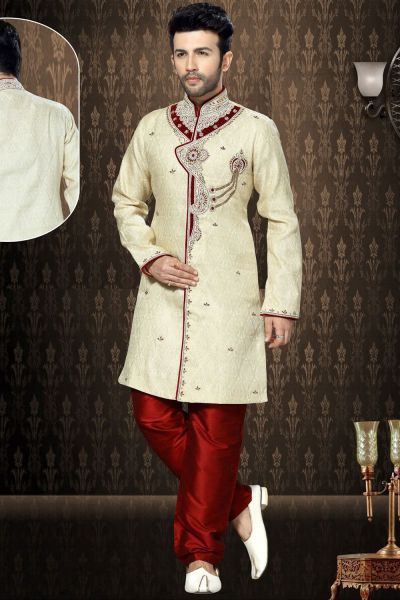 Cream Jaquard Men's Indo Western Kurta (NMK-3197)