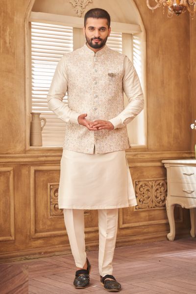 Cream Jaquard Semi Silk Brocade Nehru Jacket (NMK-8053)