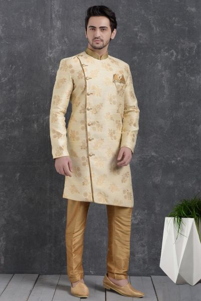 Cream Jaquard Silk Brocade Indo Western Kurta for Men (NMK-5010)