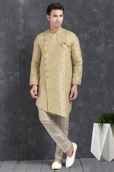 Cream Jaquard Silk Brocade Indo Western Kurta for Mens (NMK-5025)