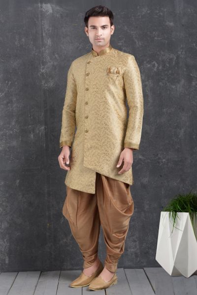 Cream Jaquard Silk Brocade Mens Indo Western Kurta (NMK-5004)