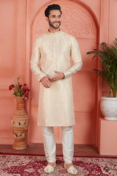 Cream Jaquard Silk Brocade Mens Kurta (NMK-7752)