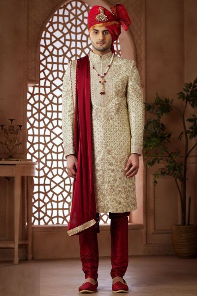 Cream Jaquard Wedding Sherwani (NMK-7638)