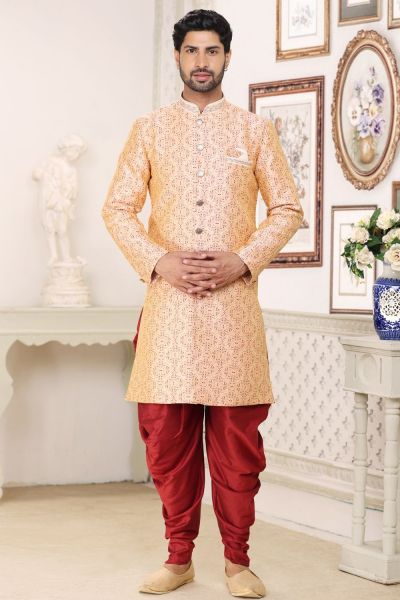 Cream Maroon Banarasi Jaquard Indo Western (NMK-6887)