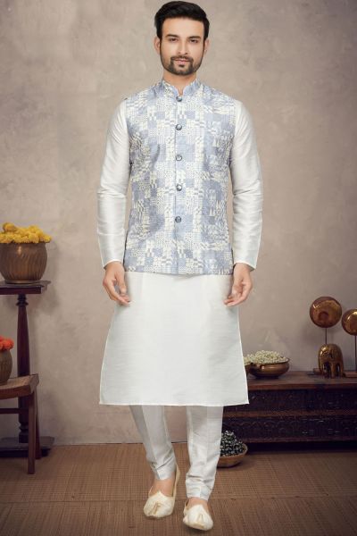 Cream with Blue Art Silk Mens Nehru Jacket (NMK-6980)