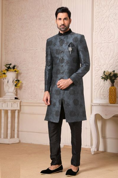 Dark Blue, Grey Jaquard Indowestern (NMK-5155)