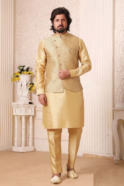 Dark Gold Art Banarasi Silk Nehru Jacket (NMK-5608)