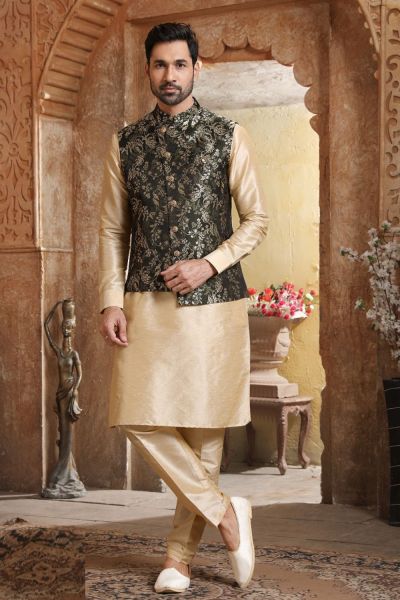 Dark Green, Dark Gold Art Banarasi Silk Nehru Jacket (NMK-5629)