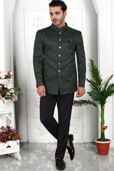 Dark Green Imported Jaquard Silk Indo Western (NMK-7219)