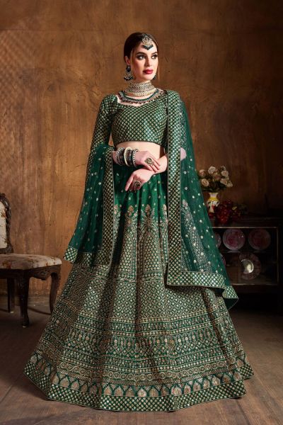 Dark Green Raw Silk Lehenga Choli (NWG-1084)