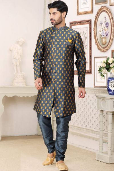 Dark Grey Banarasi Jaquard Indo Western (NMK-6889)