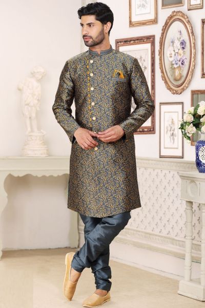 Dark Grey Banarasi Jaquard Mens Indo Western (NMK-6891)