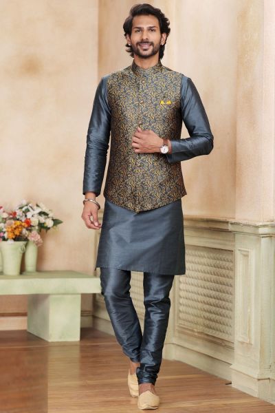 Dark Grey Jaquard Banarasi Silk Nehru Jacket (NMK-6923)