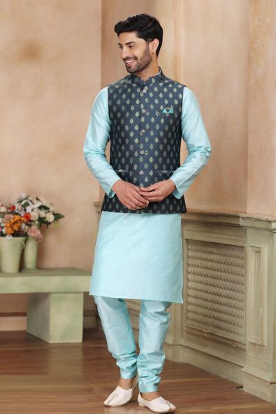 Dark Grey Jaquard Banarasi Silk Nehru Jacket (NMK-7469)