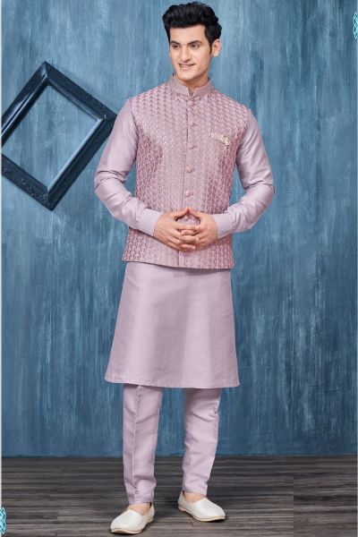 Dark Lavender Art Banarasi Silk Nehru Jacket (NMK-7389)