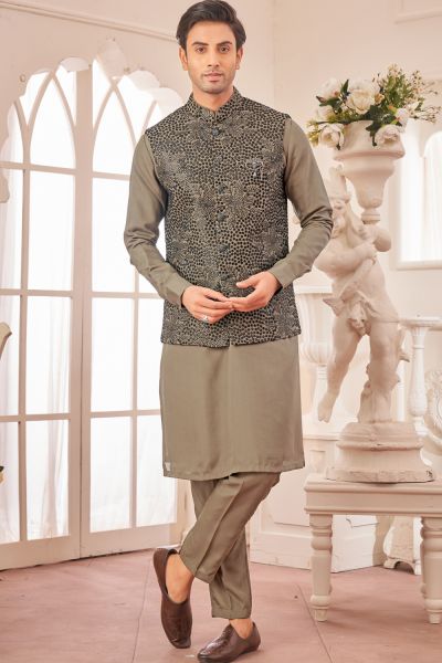 Dark Mehendi Art Silk Nehru Jacket (NMK-7999)