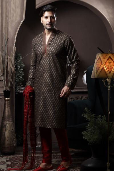 Dark Mehendi Silk Kurta Pajama (NMK-6088)