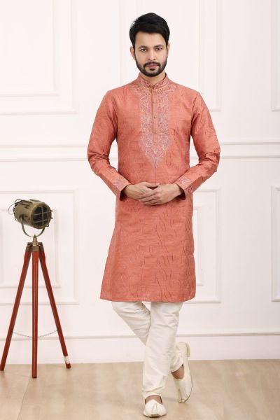 Dark Peach Art Banarasi Silk Kurta Pajama (NMK-7014)