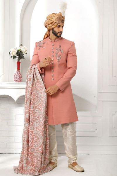 Dark Peach Art Silk Sherwani (NMK-6256)