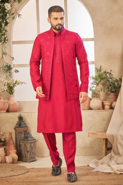 Dark Pink Art Silk Kurta Jacket (NMK-8059)