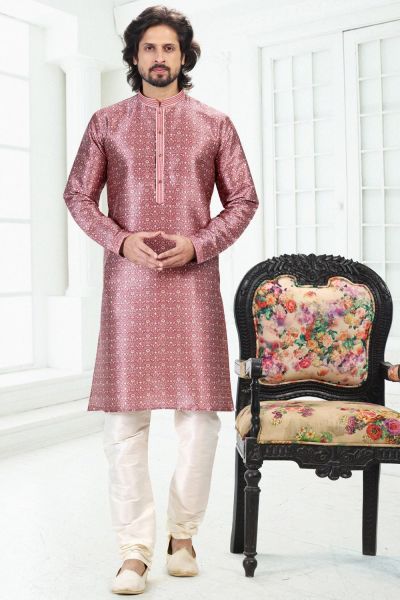 Dark Pink Banarasi Silk Mens Kurta Pajama (NMK-6693)