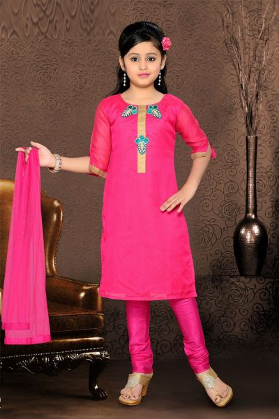 Dark Pink Chanderi Girls Salwar Kameez (NFG-071)