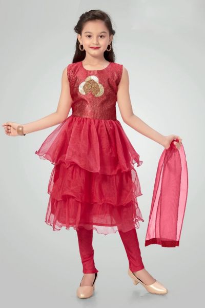 Dark Pink Organza Girls Anarkali (NFG-245)