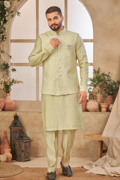 Dark Pista Green Art Silk Nehru Jacket (NMK-8012)