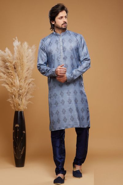 Digital Printed Blue Art Silk Kurta Pajama (NMK-7057)