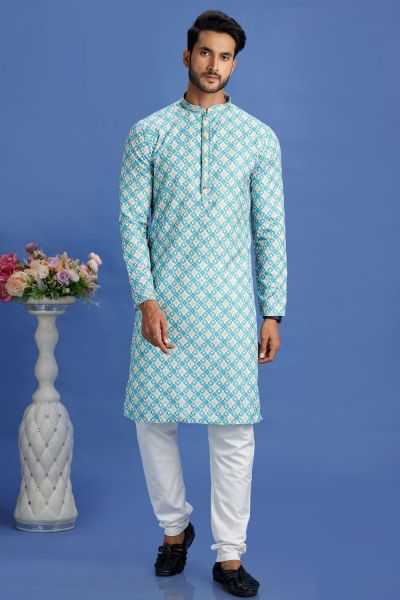 Digital Printed Blue Cotton Kurta Pajama (NMK-7532)