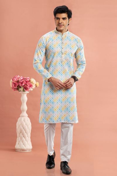 Digital Printed Blue Cotton Kurta Pajama (NMK-7545)