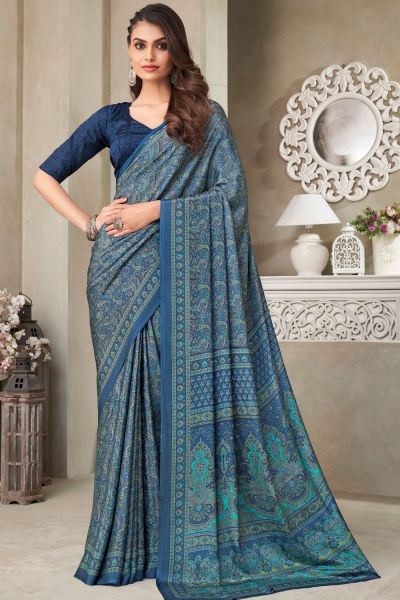 Digital Printed Crepe Silk Blue Saree (NWSA-6058)