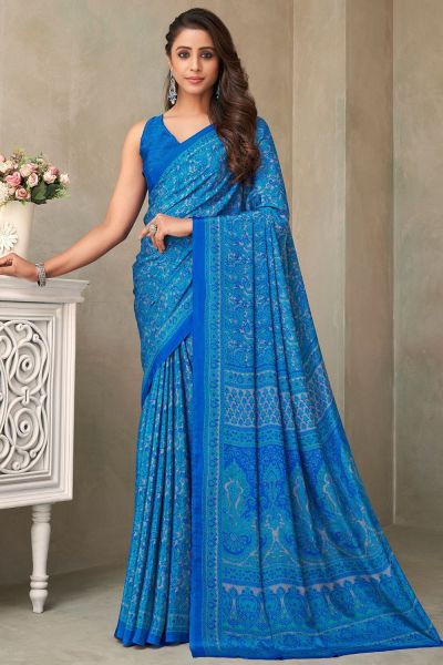 Digital Printed Crepe Silk Blue Saree (NWSA-6067)