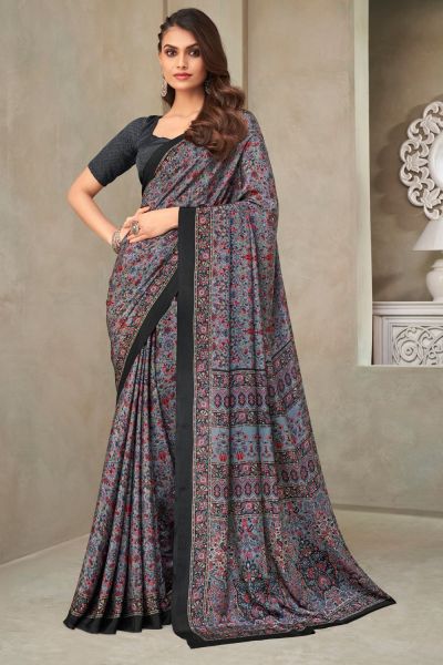 Digital Printed Crepe Silk Grey Saree (NWSA-6061)