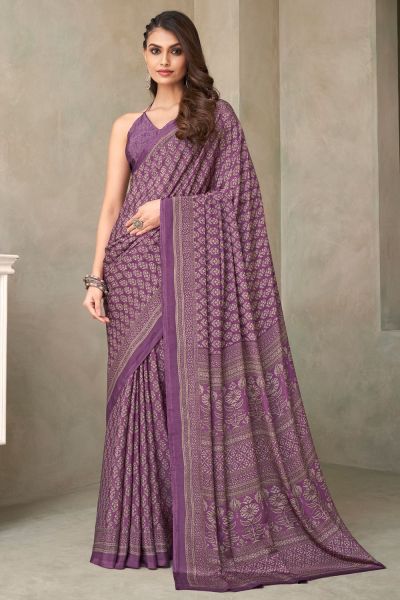 Digital Printed Crepe Silk Purple Saree (NWSA-6060)