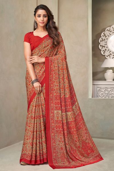 Digital Printed Crepe Silk Red Saree (NWSA-6062)