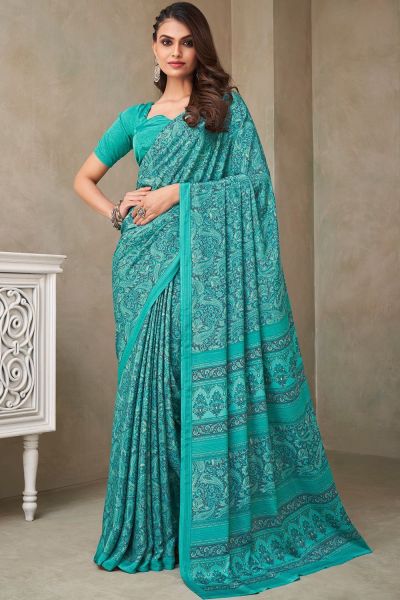 Digital Printed Crepe Silk Sea Green Saree (NWSA-6063)