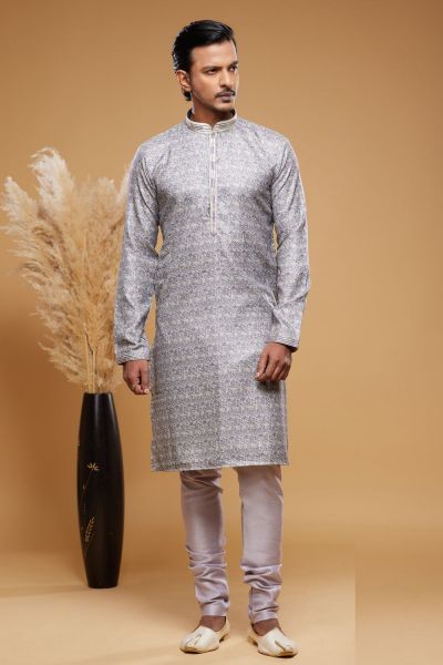 Digital Printed Grey Art Silk Kurta Pajama (NMK-7051)