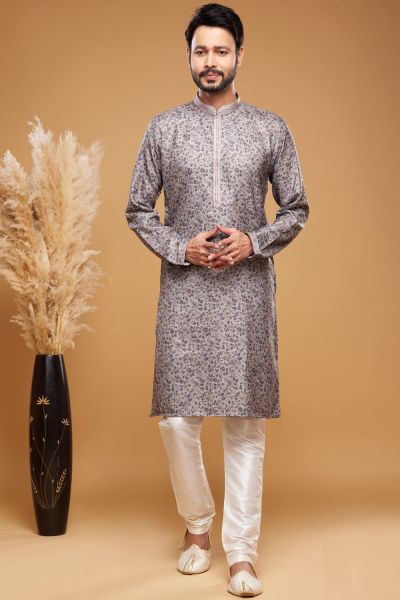 Digital Printed Grey Art Silk Kurta Pajama (NMK-7060)