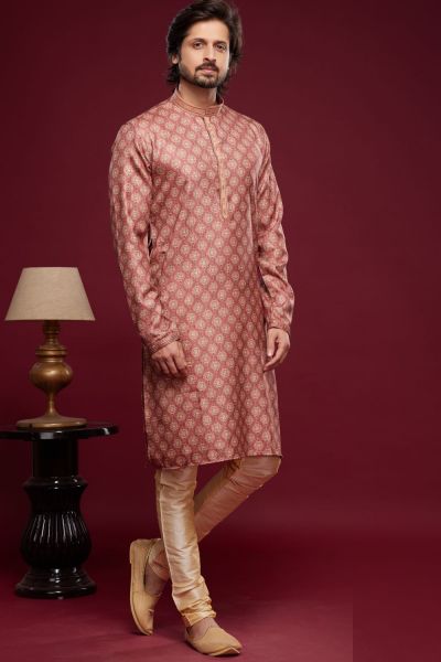 Digital Printed Peach Art Silk Kurta Pajama (NMK-7055)